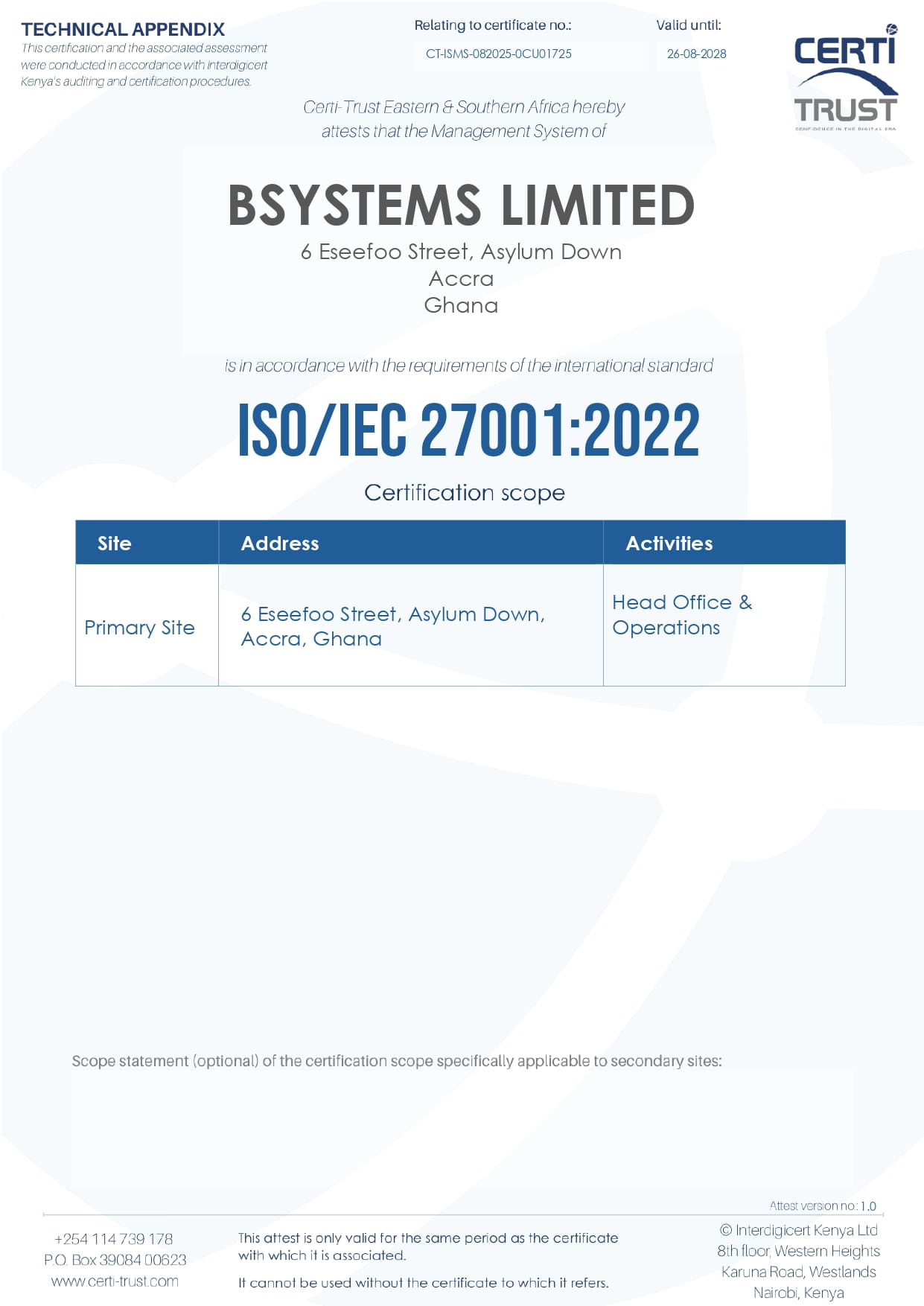 BSYSTEMS ISO 27001 Certificate - 202508-202808 - KENAS